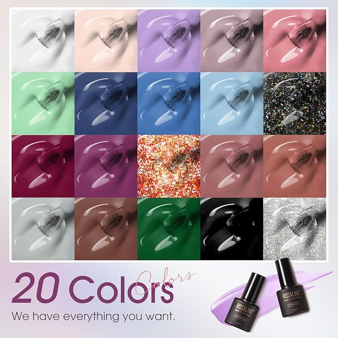 ROSALIND 24pcs Gel Polish Set with 4 Bottles of Base and Glossy Matte Glitter Top Coat Brown Purple Gel Nail Set Suitable for All Seasons