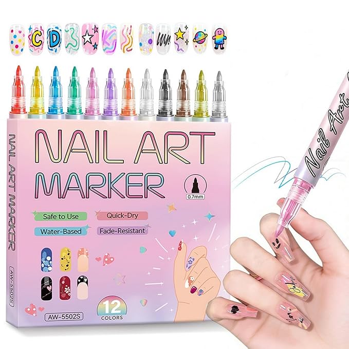 OCOUYVD 12 Colors Nail Art Pens Set 0.7mm Nail Art Markers Polish Pen Drawing Liner Painting Pens Kit for Nails Art DIY Painted Graffiti Nails Pen Quick-Dry Acrylic Paint Nails for Art Manicure Tool