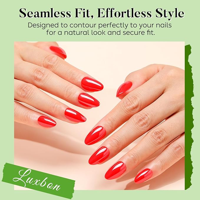 Luxbon Chrome Press On Nails with No-Cure Nail Glue and Tool Kit – Short Almond Soft Gel Tips 25-30pcs Full Size Set, Reusable Fake Nails for Women, Salon Look at Home, Red