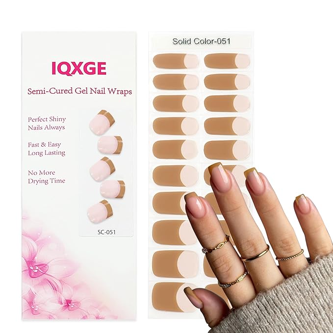 Clear Semi Cured Gel Nail Strips French Tip 20Pcs Light Brown UV Gel Nail Stickers Glossy Nails Polish Strips UV/LED Light Needed Self Adhesive Full Polish Nails Wraps for Women