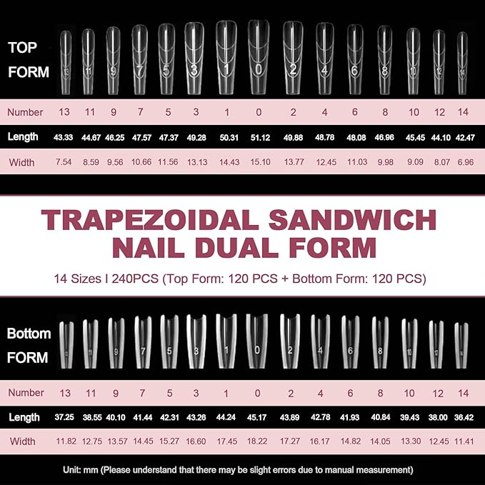 240 PCS Sandwich Nail Dual Forms, Nail Extension Kit for Beginner & Professional, 14 Sizes Dual Form for Polygel and Builder Gel, Salon and Home DIY Nail Art Tools (Trapezoidal)