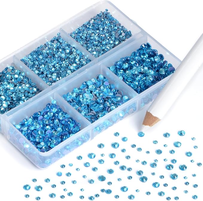 NCB Hotfix Iron on 8000pcs Crystal Rhinestones Round Gem for Crafts Decoration DIY Jewelry Making with a Picking Pen (Aquamarine, 6Sizes SS3-SS12)