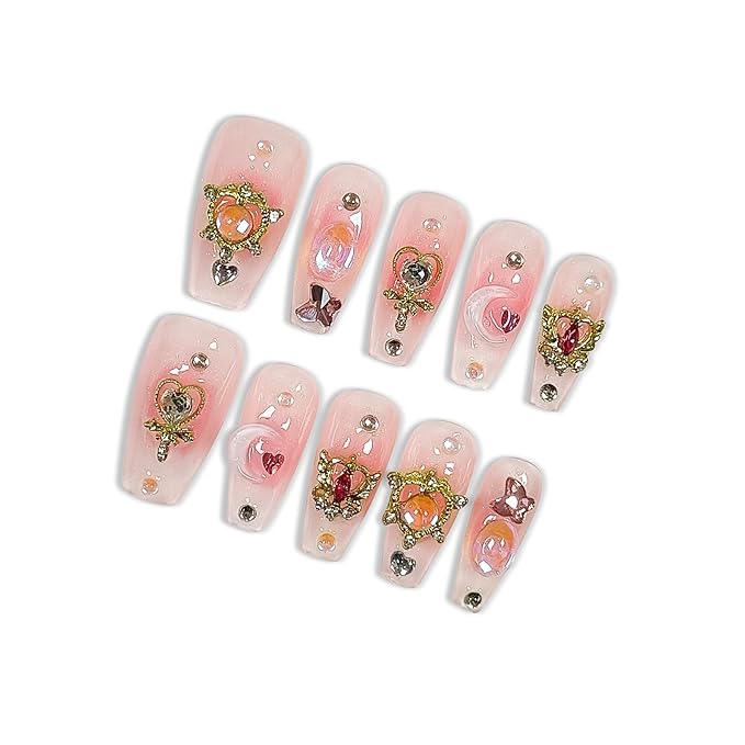 Y2K Press on Nails with Tools Kit, Medium Long Coffin Glossy Nails, Fake Nails in Pastel Pink, False Nails with 3D Moon Charms, Kawaii Style for Anime Parties & Special Events(Size S)