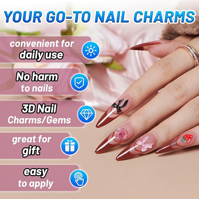 3D Nail Charms and Gems with Bows, Hearts, Rose, Flowers, Pearls, Rhinestones for Nails Design, Cute Y2K 3D Nail Decorations