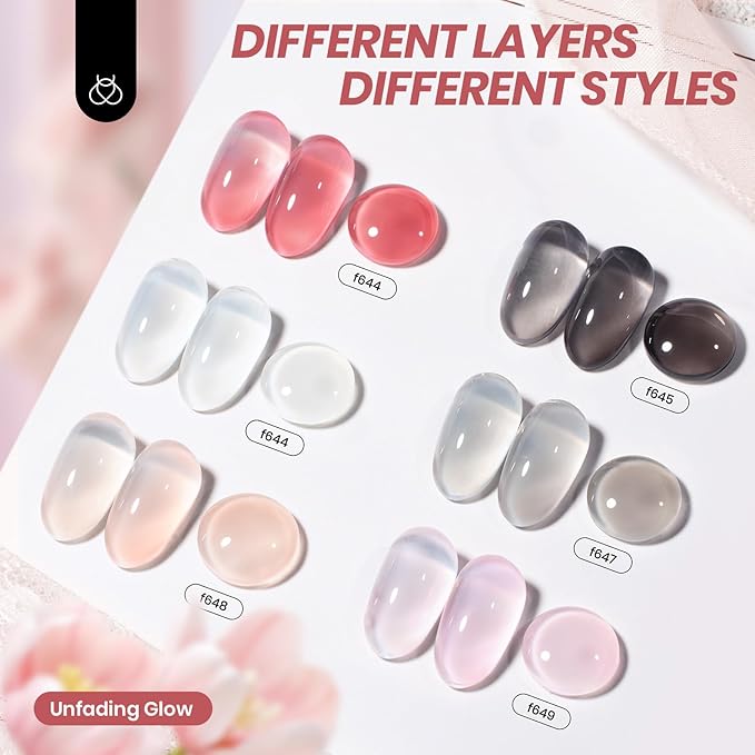 Beetles Jelly Gel Nail Polish Set, 6 Colors Nude Pink Red Gray Black White Gel Polish Kit Neutral Translucent Sheer Gel Soak off Uv Unfading Glow Collection French Nail Art Manicure Gift for Women