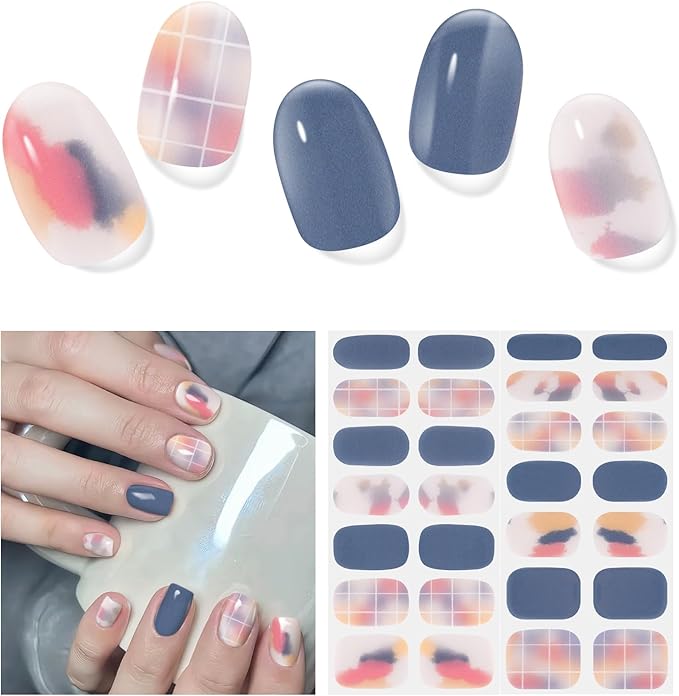 Semi Cured Gel Nail Strips,28 pcs Street Color Gel Nail Stickers with UV Light Required,Long Lasting Nail Art Stickers, Easy to Apply（Cream Blue）