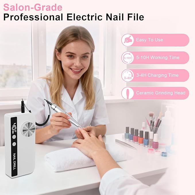 Professional Electric Nail Drill 40000RPM for Salon Home Use, Rechargeable Nail File Machine Kit with 12PCS Bits for Acrylic Gel Nails, Portable Efile Manicure Pedicure Tool (White)