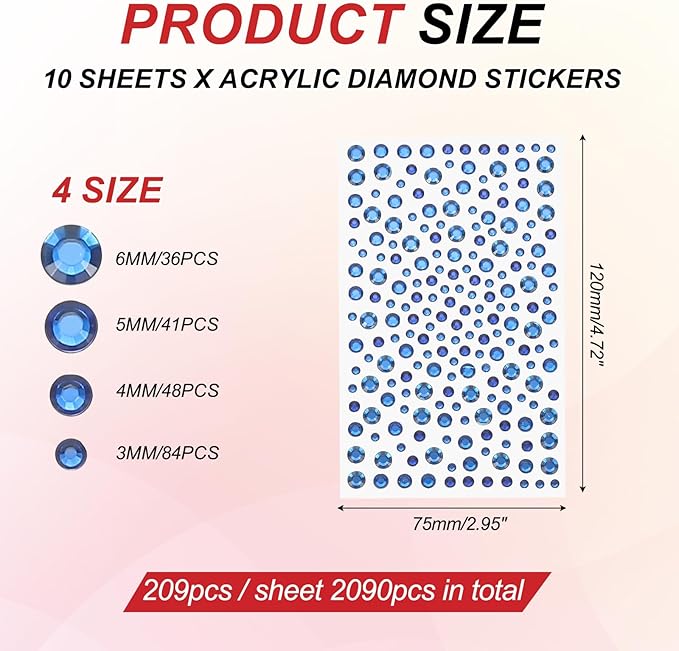 PATIKIL 2090 Pcs Acrylic Gem Sticker, 4 Size 3/4/5/6mm Self Adhesive Rhinestones Face Gem Stones Bling Jewelry for Nail Art Craft Clothes DIY Makeup Decoration Party, Dark Blue