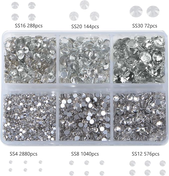 Bymitel 5000 Pieces 6 Mixed Sizes Glue Fix on Glass Rhinestones Round Crystal Gems Flatback for DIY Jewelry Making with one Picking Pen(6-Sizes 5000PCS, Clear Crystal)