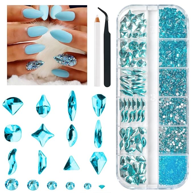 2052Pcs Aquamarine Nail Rhinestones Water Blue Stones for Nails 72 Multi Shapes Big Gems +1980 Flatback Round Beads K9 Glass Lakeblue Crystals Diamonds Jewels Nail Charms Art for Face Makeup