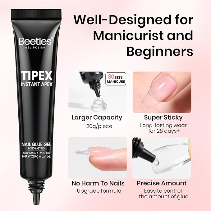 Beetles Tipex Nail Glue Gel 2 Pcs 20g, Super Strong Hands-Free Solid Nail Glue for Tipex Instant Apex Nail Tips, Professional Beginner-Friendly, U V Light Required
