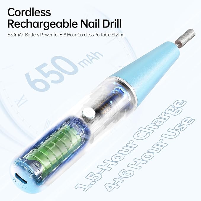Electric Nail Drill Kit, Electric Nail File Cordless Nail Drill Machine for Acrylic Gel Dip Powder Nails, Professional Portable Manicure Pedicure Rechargeable Lightweight for Home Salon Use
