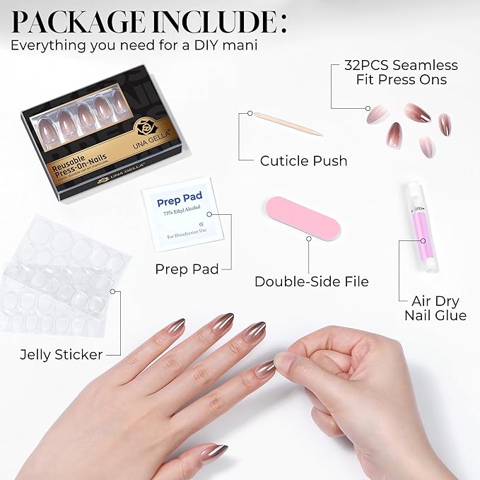 UNA GELLA 32Pcs Soft Gel Press on Nails - 16 Sizes Brown Ombre Chrome Almond Glue on Nails, Reusable Metallic Gradient Short Almond False Nails, Full Cover Acrylic Nail Kit for Women DIY Home Manicure