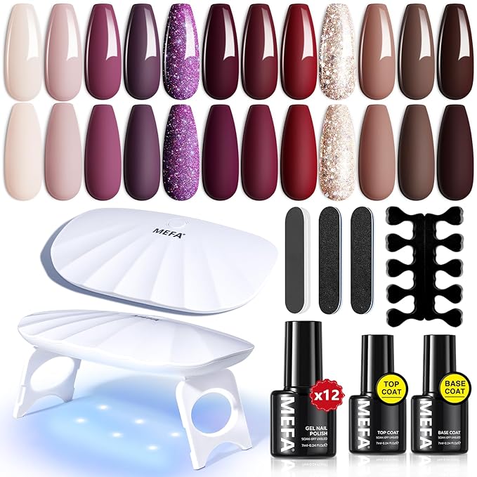 MEFA 19 Pcs Gel Nail Polish Kit with U V Light, 12 Colors Burgundy Red Polish Set Champagne Gold Glitter Nail Polish Soak Off Purple Manicure Tools Beginners Salon Nails Art DIY for Women