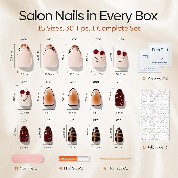Modelones French Tip Press on Nails Almond, Short Almond Fake Nails, Semi-Transparent Soft Nail Kit with Nail Glue Adhesive Tabs Nail File, Salon Quality Nails Press Ons 30Pcs 15 Sizes, Red Cherry