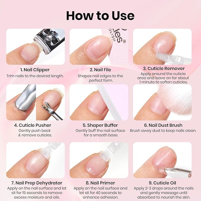 Beetles Nail Prep Kit Nail Dehydrator and Primer Cuticle Oil Cuticle Remover 4PCS 7.5ML Nails Care Tool Kit with Cuticles Pusher Nails Files Clippers Dust Brush 6PCS Manicure Tools for Gel Polish