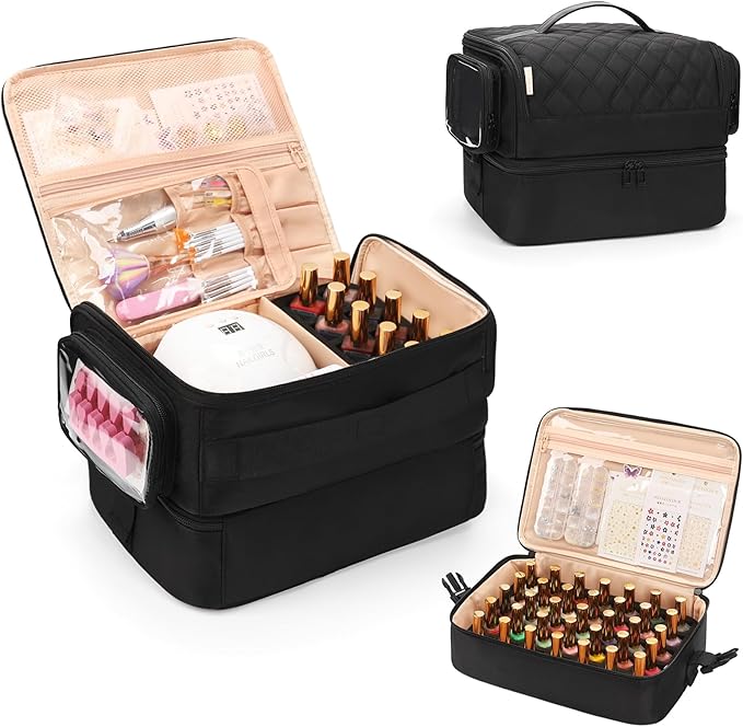 OCHEAL Nail Polish Organizer, Holds Nail Lamp and 45+ Bottles 2-in-1 Nail Polish Storage Case,Detachable Nail Techs Gel Kit Supplies Carring Bag for Manicurist Tools 45-Slot Nail Holder-Black