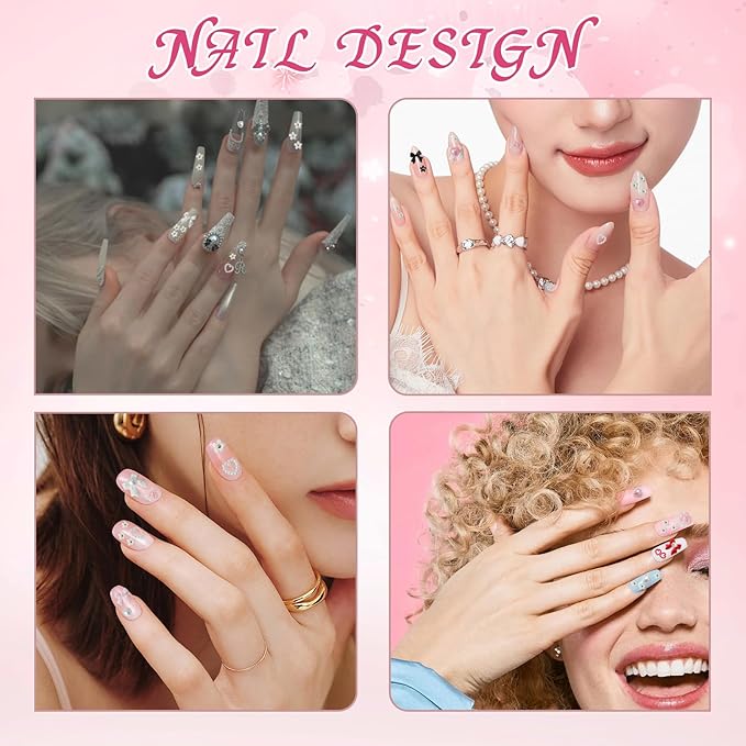 3D Nail Charms and Gems with Bows, Hearts, Rose, Flowers Pearls and More Than 500 Rhinestones for Nails Design, Cute Y2K 3D Nail Decorations