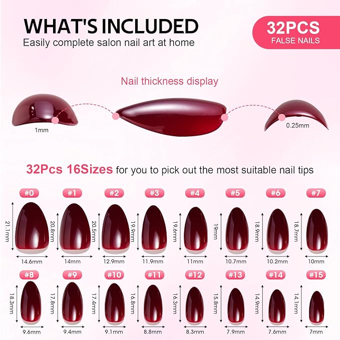 Findigit Red Press On Nails Almond Short - Red Soft Gel Press on Nails, Glue on Nails with Nail Glue, Reusable Stick on Nails in 16 Sizes,32 Fake Nail Kit,Rose Almond