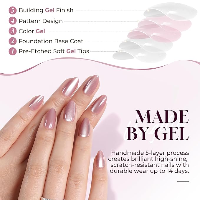 UNA GELLA Cat Eye Press On Nails: Almond Soft Gel Press Ons Short Kit with Nail Tips Glue on Nails, 16 Sizes - 32 Reusable Chrome Fake Nails Kit, Pink Rose