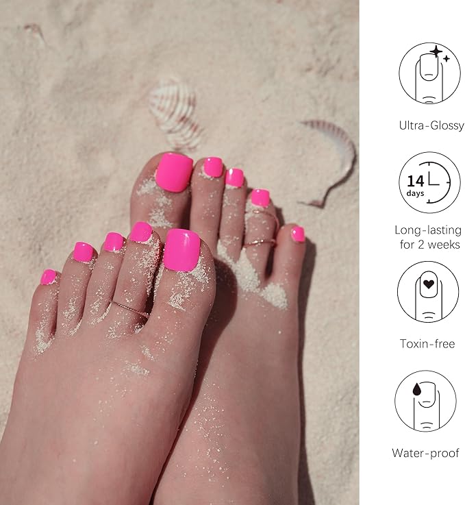 DANNI & TONI Semi Cured Gel Toenail Strips (Hot Pink) Bright Pink Gel Toenail Stickers Summer Pedi 37 Stickers