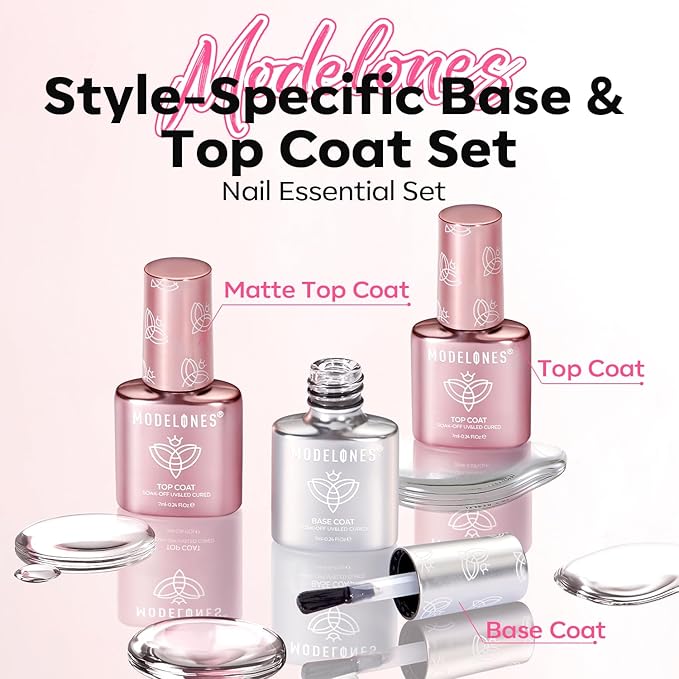 modelones Gel Top Coat and Base Gel Polish, 3 PCS Clear Glossy and Chrome Proof Matte Top Coat No Wipe, Base Coat Nail Polish Upgrade Formula Pro Manicure Essential Kit Gift for Women Girls Starter