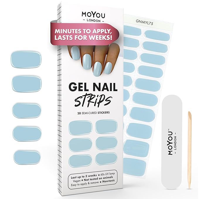 MOYOU LONDON Semi Cured Gel Nail Strips - 20 Pcs. Waterproof Gel Nail Wraps, Cures in Sunlight or UV/LED Lamp, Lasts Up to 2+ Weeks, Stretchable, Easy to Apply & Remove, Vegan & Cruelty-Free