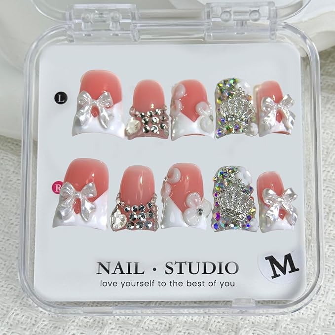 Handmade Press on Nails Rhinestones and Bow Press on Nails Short Duck Shaped Fake Nail White French Acrylic Nails Full Cover Reusable Flower False Nail for Women Girls Nail Accessories (Size M)