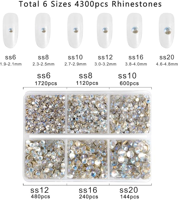 Beadsland 4300pcs Flatback Rhinestones,Glass Rhinestones Nail Gems Round Crystal Rhinestones for Crafts,Mixed 6 Sizes with Picking Tweezers and Wax Pencil Kit, SS6-SS20,Blue Moonlight