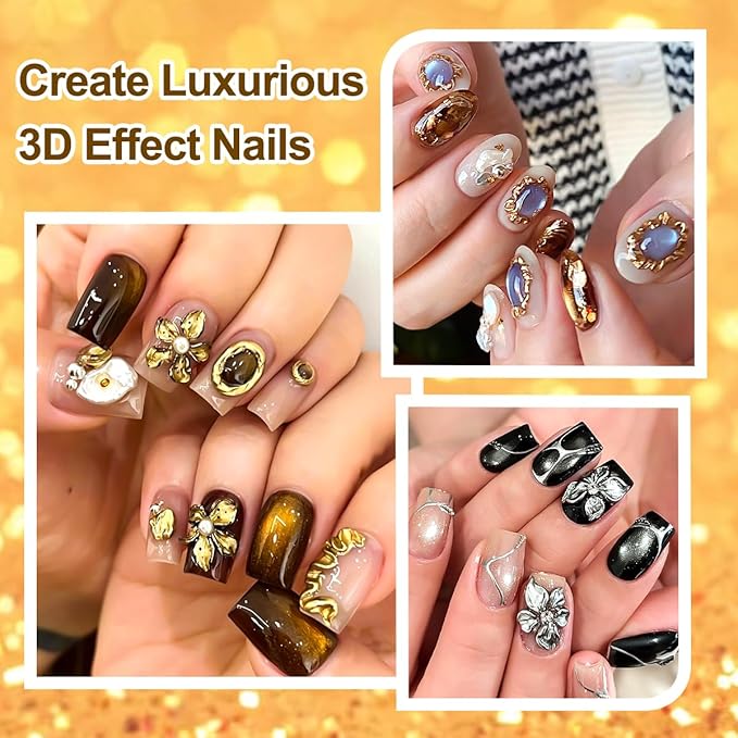 3D Gel Nail Art Kit-Gold Silver Metallic Solid Builder Gel Non-Sticky Hand Sculpting Gels with Silicone Pen for Nail Design Flower Carving Modeling Design
