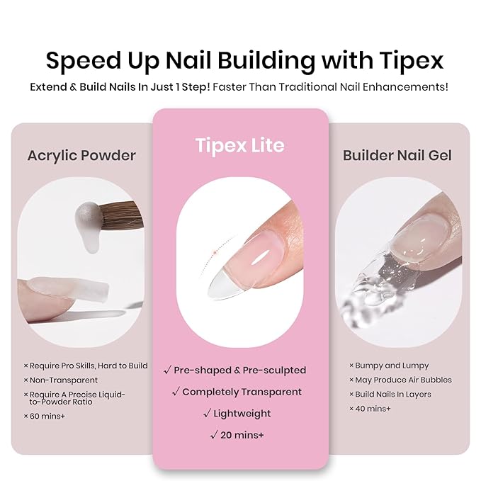 Beetles Tipex Lite Instant Apex Nail Tips, Medium Almond, 16 Sizes | 00–14, Built-in Apex Acrylic Tips for Flat & Natural Nail Beds, Beginner-Friendly Easy DIY Nail Extensions