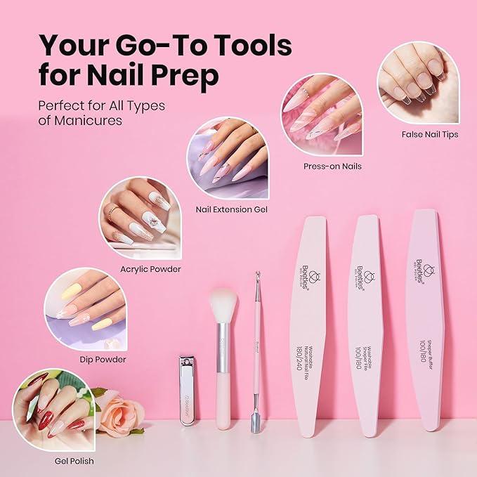 Beetles Nail Prep Kit Nail Dehydrator and Primer Cuticle Oil Cuticle Remover 4PCS 7.5ML Nails Care Tool Kit with Cuticles Pusher Nails Files Clippers Dust Brush 6PCS Manicure Tools for Gel Polish