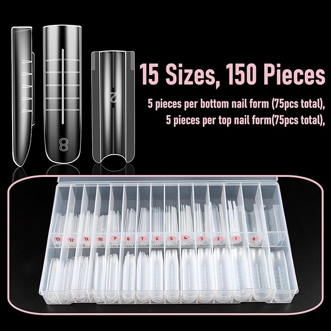 Sandwich Dual Nail Forms, XXL Straight Square (Sculpted) Poly Gel Nail Extensions Nails Mold, Quick Polygel Extensions Salon Nail Art Tools, 15 Sizes 150 Pieces