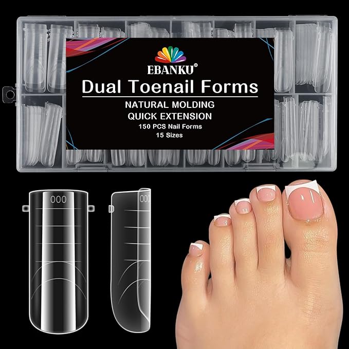 Poly Gel Toe Nail Form Set, EBANKU Reusable Toenails Dual Forms for Nail Extensions, Poly Gel Toe Nail Tips Pre-designed French Line Salon Home DIY Nail Art Supplies - 15 Sizes 150PCS