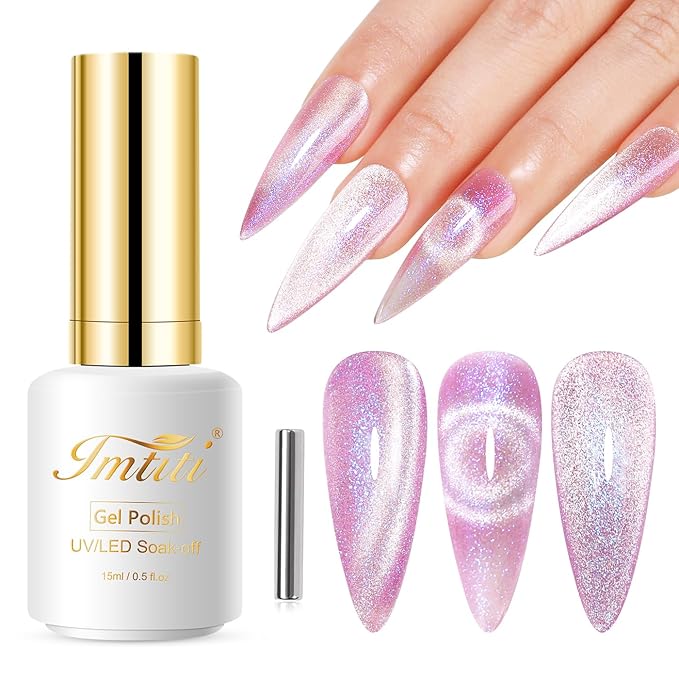 Imtiti Cat Eye Gel Nail Polish, 15ML Pink Holographic Glitter, Magnet UV LED Magnetic Gel Nail Polish Crystal Galaxy Sparkly Home DIY Manicure Nail Salon Kit