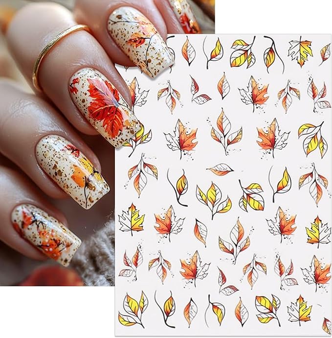 Fall Nail Stickers - Autumn Withered Maple Self-Adhesive 3D Nail Decals for Women Girls DIY Thanksgiving Day Leaves Vein Manicure (4 Sheets)