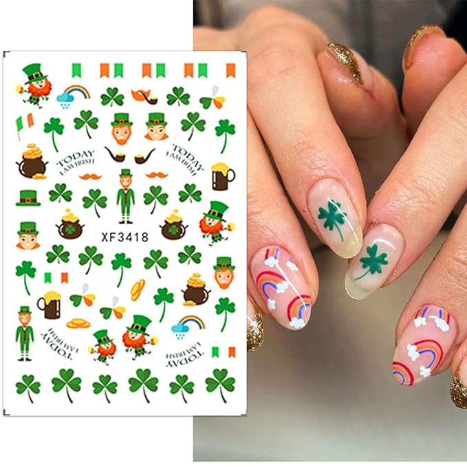 10 Sheets St. Patrick's Day Nail Stickers Self-Adhesive Lucky Shamrock Nail Art Stickers Green Four Leaf Clover Nail Decals Spring Summer Design Nail Supplies for DIY Saint Patrick's Day Nail Decor