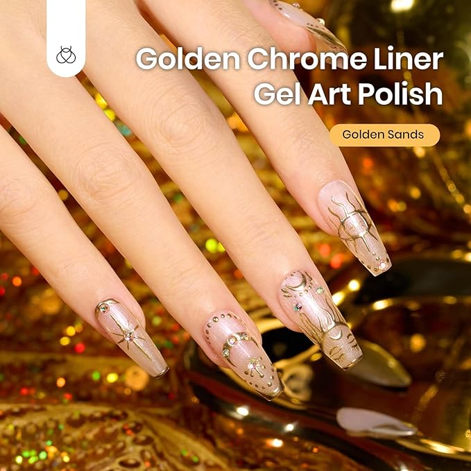 Beetles Gel Nail Polish Gold French Tip Gel Liner 7ml Mirror Effect Build in Thin Brush French Swirl Line Metal Painted Polish Nail Art Soak off Uv Lamp Manicure Salon