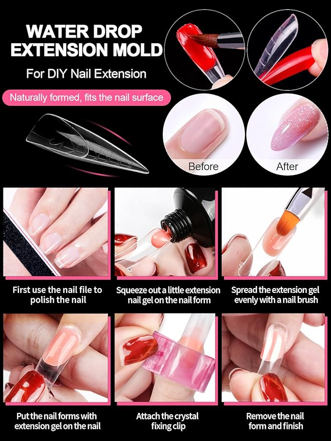 TOROKOM 150Pcs Poly Extension Gel Dual Nail Forms Clear Nail Forms Full Stiletto Nail Molds 15 Sizes for Gel Manicure Nail Art Design Salon&DIY