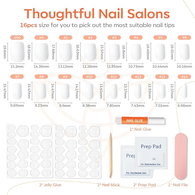Modelones Pure White Press on Nails for Women, Short Square Fake Nails, Reusable Nail Kit with Nail Glue Adhesive Tabs Mini Nail File, Spring Nails Press Ons 32Pcs16 Sizes, Women Girl Gift