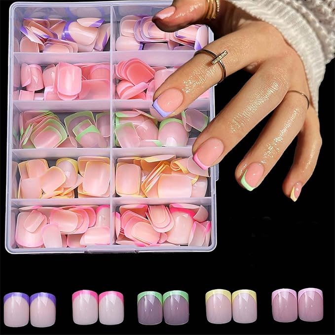 10 Packs 240Pcs French Tip Press on Nails Short Square Fake Nails Colorful Nail Tips Acrylic Nails Glossy Cute Artificial False Nails Chrome Glue on Nails for Women Girls Manicure Nails Decoration