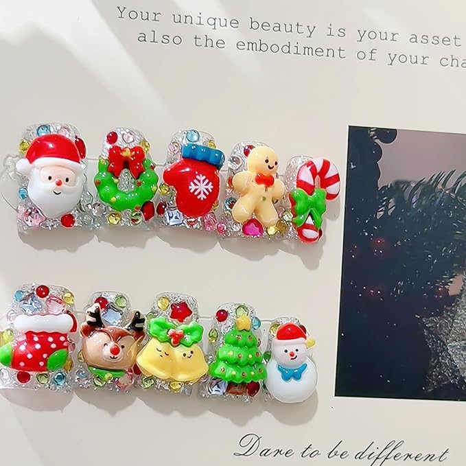 Christmas Press on Nails Luxury Short Duck Handmade 3D Unique Reusable ABS Material Fake Nails Cute False Nails with Santa Reindeer Tree Snowflake Designs Glossy Glue on Nail Thick Acrylic Nail(S)