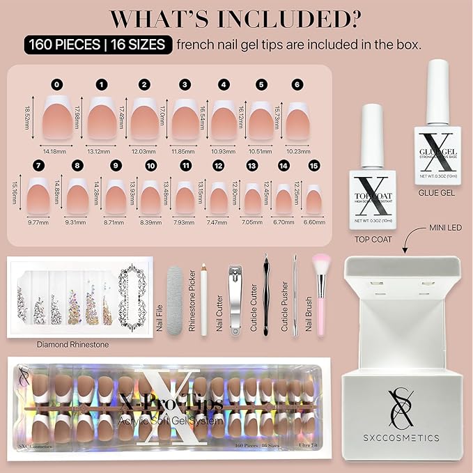 SXC Cosmetics French Tip Press On Nails Brown Series, Small Coffin X-Pro Tips Starter Kit