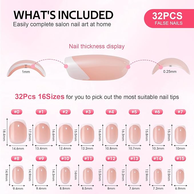 French Tip Press On Nails Short Square - Findigit Gel Press On Nails, White Nail With Glue, Fit Perfectly & Natural Reusable Stick On Nails in 16 Sizes, 32 Pcs