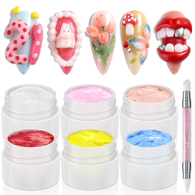 Colored Sculpting Gel for Nail Art, 6 Colors Nail Clay for 3D Art, Non-Sticky Hard Solid Builder Gel with Silicone Carving Pen, Nail Molding Kit for Home Manicure & Professional Salon