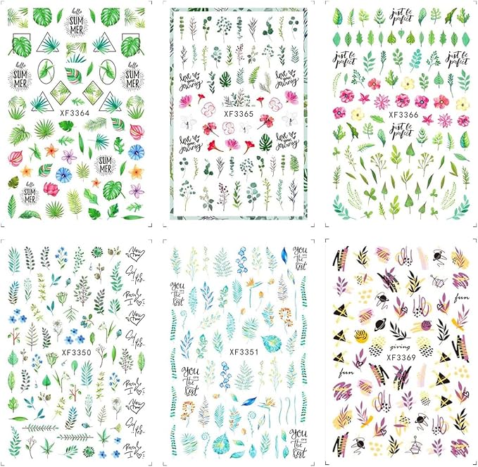 12 Sheets Summer Leaf Nail Art Stickers 3D Self-Adhesive Nail Decals Nail Art Supplies Palm Leaves Clover Nail Design for Women Manicure Nail Decorations Accessories