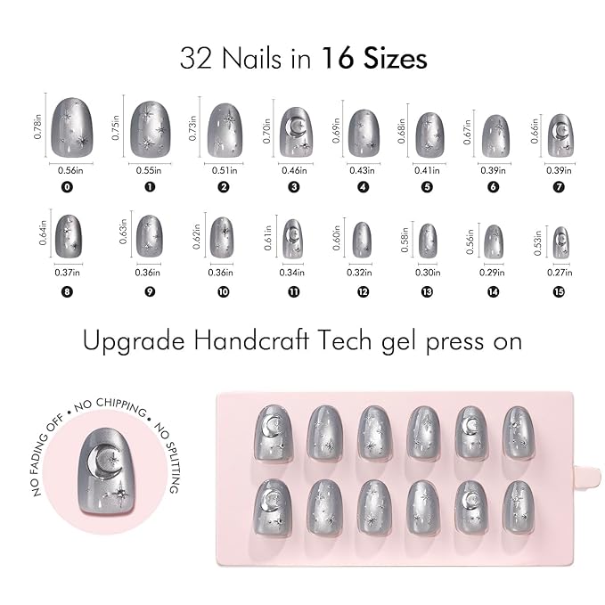 VSALON Press on Nails Short Oval, Silver Gray Cat Eye Star & Moon Chrome Glossy 3D Art Glue On Nails, Opaque Salon Quality Valentine Fake Nails Kit - 32 PCS Nails in 16 Sizes with Glue & Cuticle Oil