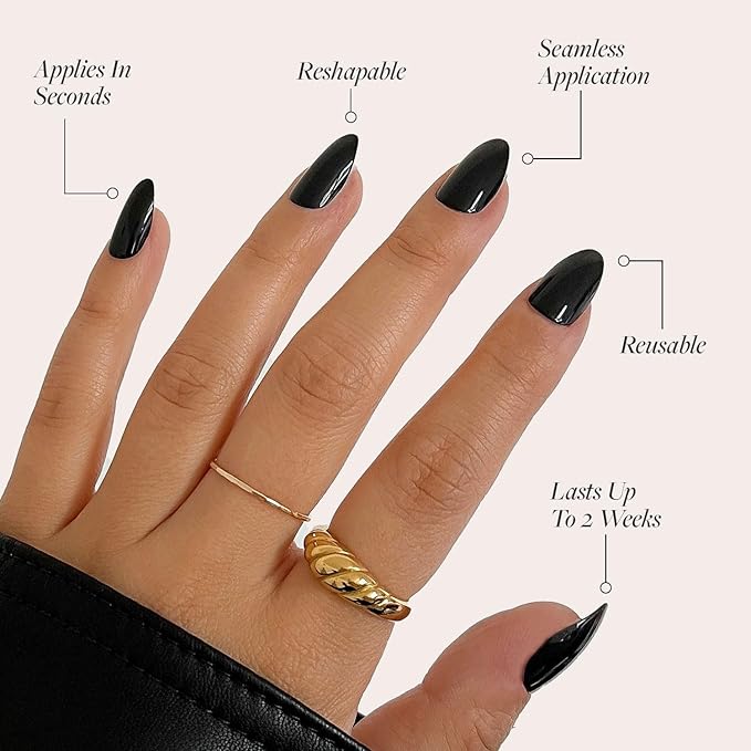 Glamnetic Press On Nails & Brush On Nail Glue Bundle - Boba | Opaque Black Short Almond Nails, Reusable | 12 Sizes - 24 Nail Kit
