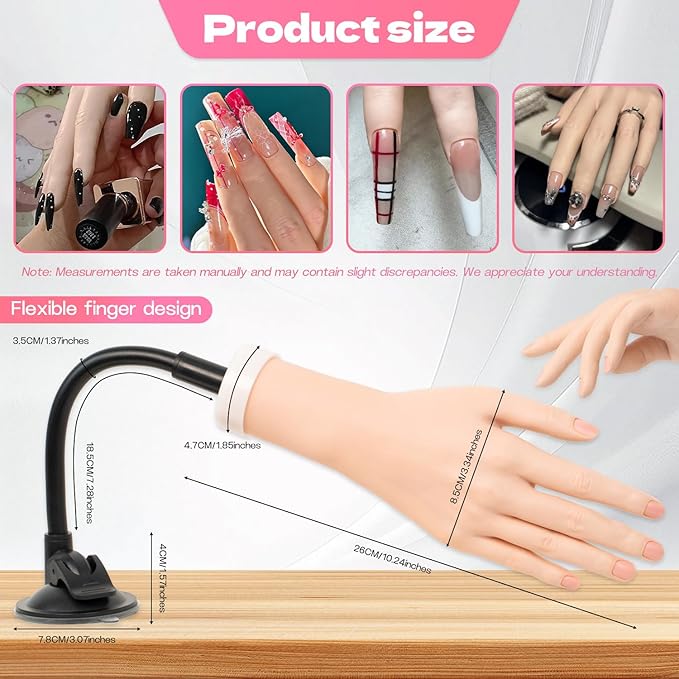 Practice Hand for Acrylic Nails, 2 Pack Flexible Bendable Nail Hand with Adjustable Stand, Nail Training Kit for Beginners & Nail Artists (Left and Right)