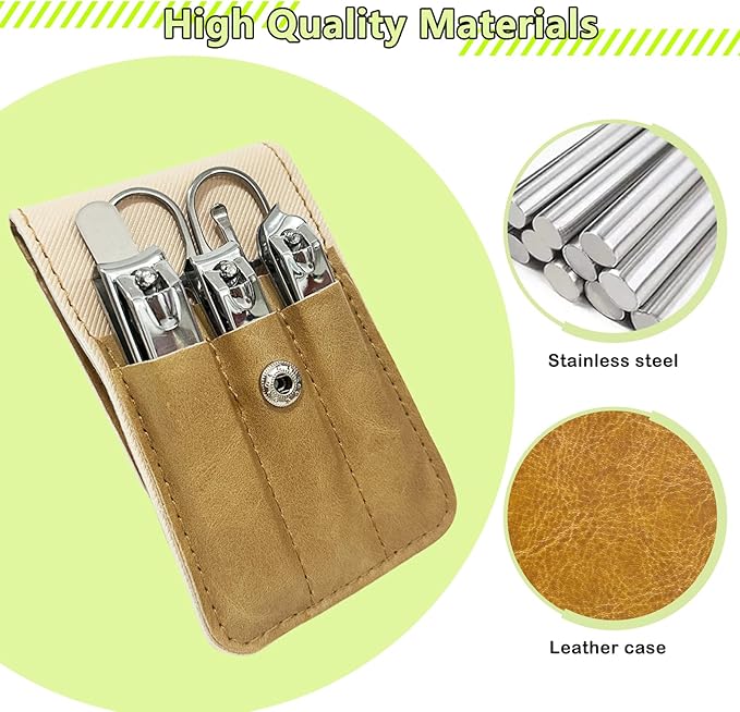 Nail Clippers Set, 6 Pcs Toenail Clippers Stainless Steel Fingernail Clippers Manicure Set with Leather Case, Idea Gift for Christmas Stocking Stuffers, Khaki